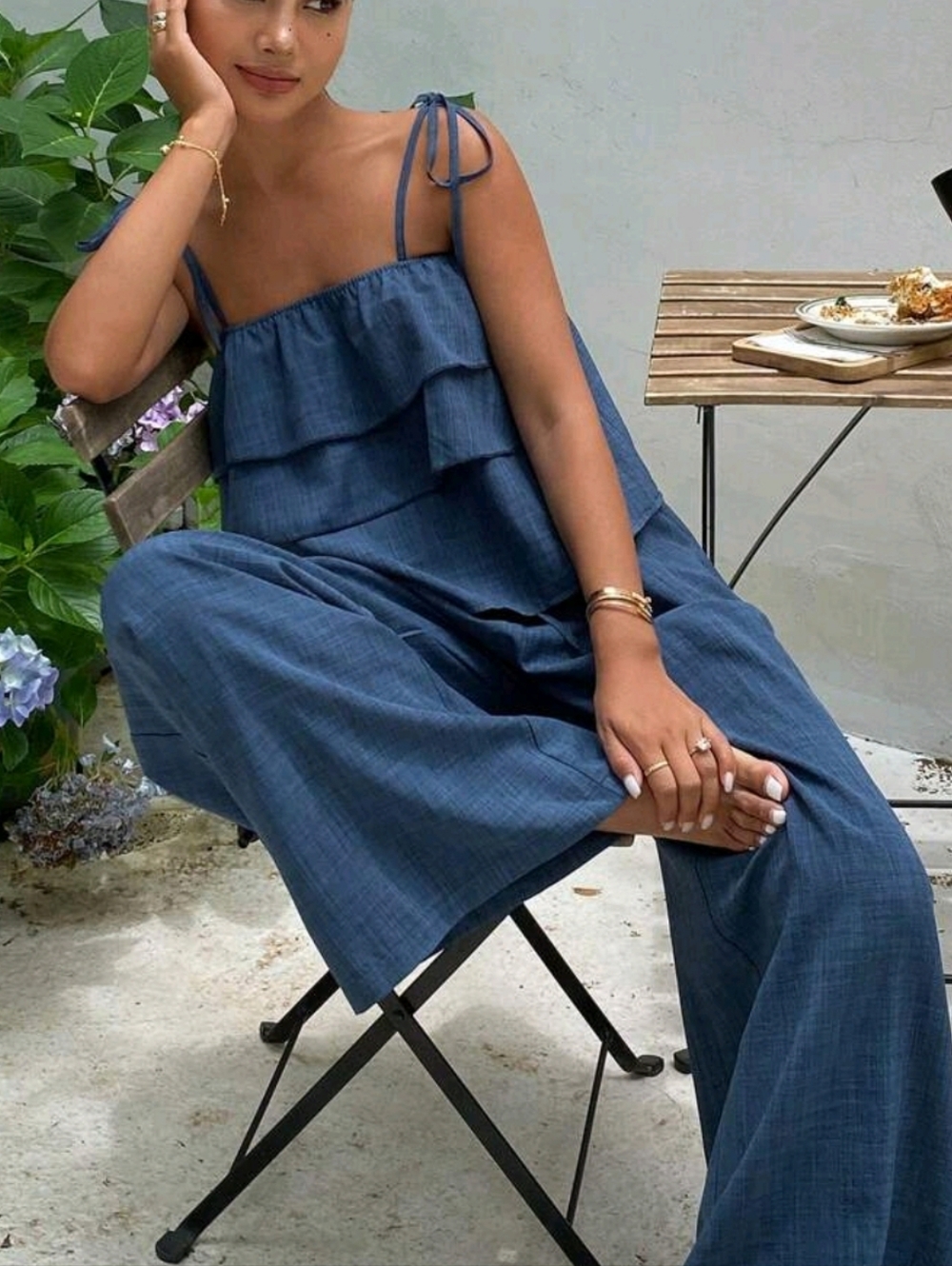 Sleeveless Ruffle Wide-Leg Jumpsuit in Denim Blue